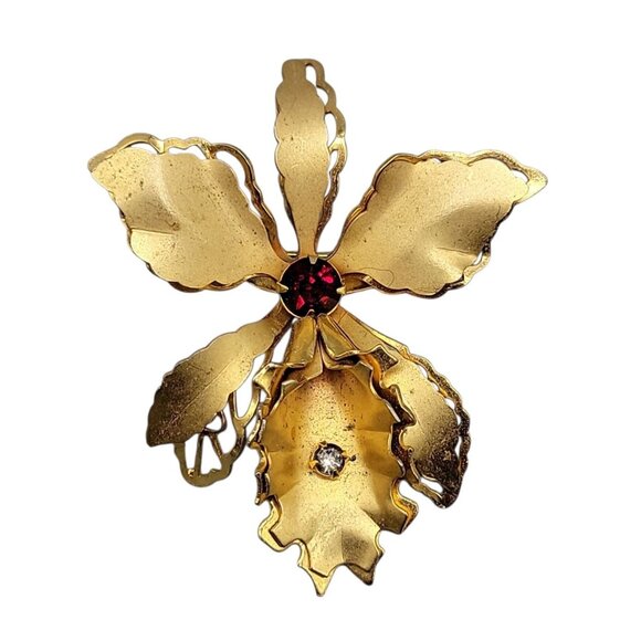 Antique Bugbee Niles Collectible BN Orchid Brooch Gold Tone w/Swarovski Crystals - Picture 1 of 7